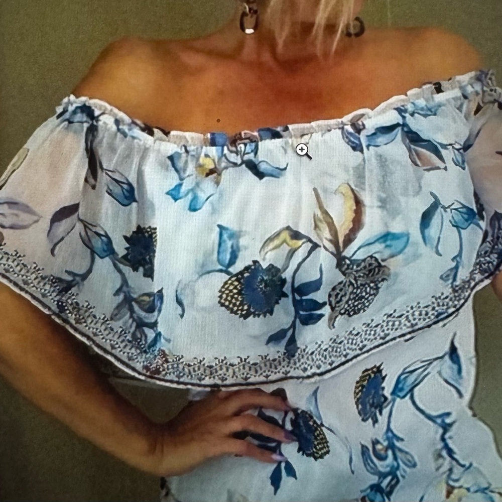 White House Black Market Blue Floral Off-Shoulder Blouse